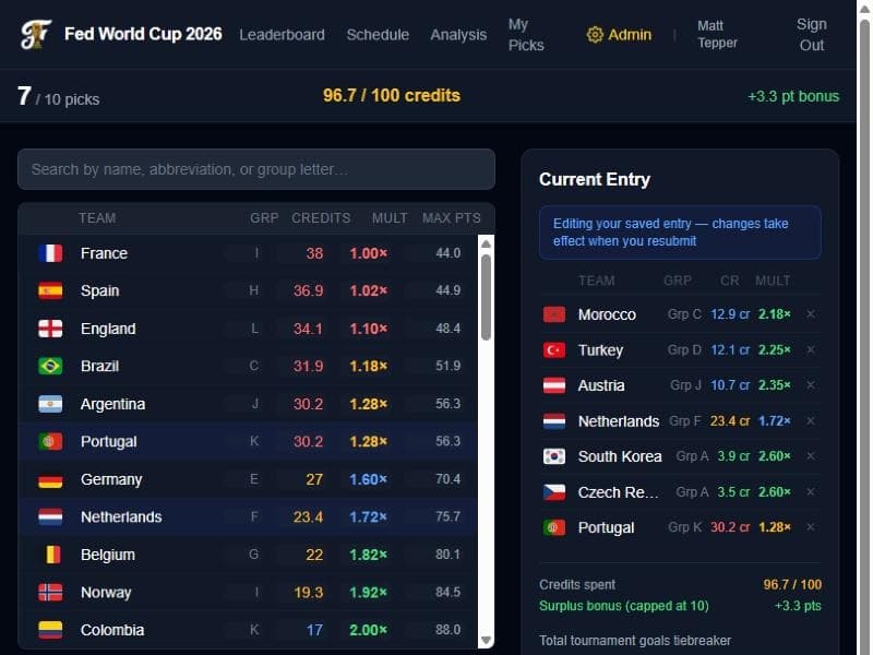 Fed World Cup pick builder